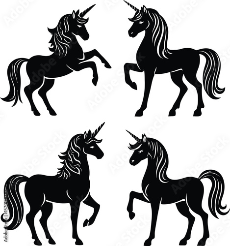 Elegant Black Unicorn Silhouettes Majestic Creatures in Classic Poses