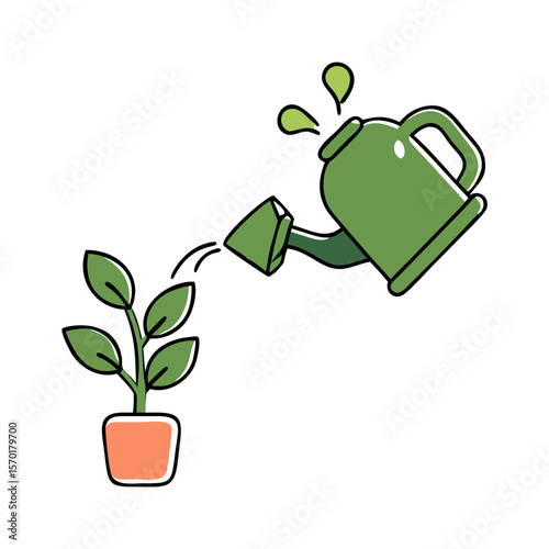 Hand drawn style watering plants icon: cheerful green spray and pot for gardening enthusiasts and nature lovers