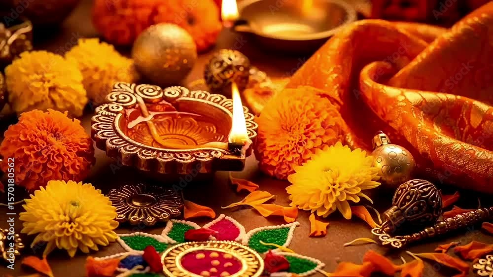 Traditional diya with glowing flame, marigold flowers, festive rangoli, and decorative elements for Diwali, Dussehra, Holi, Raksha Bandhan celebration