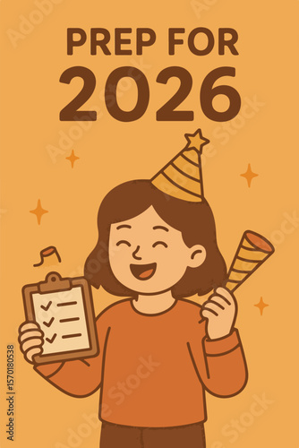 Cheerful vector illustration of a happy girl celebrating the New Year 2026 with a checklist, party hat, and noisemaker. Perfect for holiday planning, year-end reflections, and festive content designs.