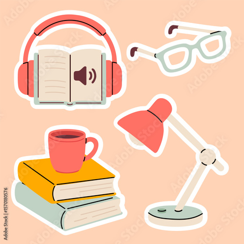 Sticker set featuring audiobook, books, lamp, cup, and glasses. Perfect for educational, cozy reading, or library themes.