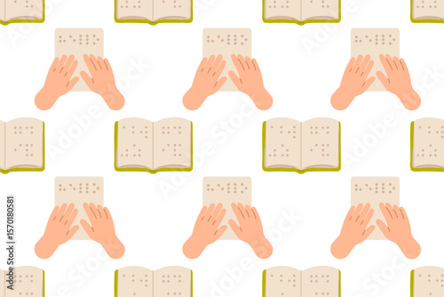 Seamless pattern with hands reading Braille. Repetitive tactile reading concept for accessibility, disability support, and inclusive education.