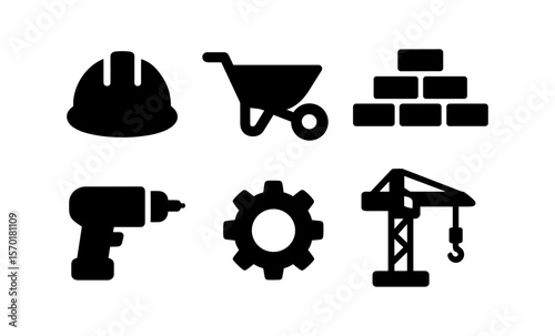 Construction icons set featuring hard hat, wheelbarrow, bricks, drill, gear, and crane