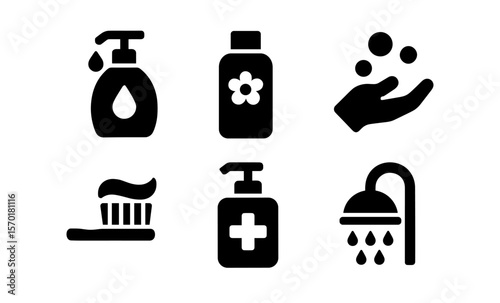 Black and white hygiene icon set featuring soap, shampoo, handwashing, toothbrush, dispenser, and shower