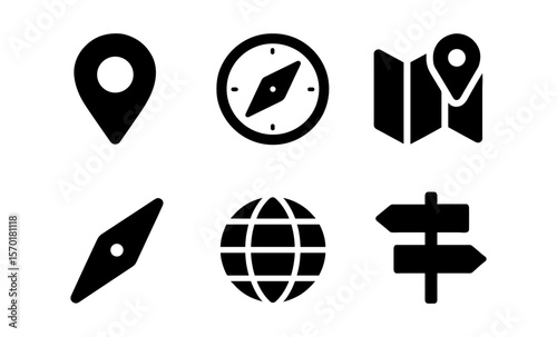 Navigation icons set featuring compass, map, globe, location pin, and direction signs