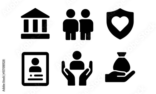 Minimalist icon set: community, security, finance, and profile essentials