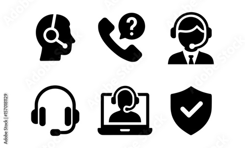Customer service icons: headset, phone, chatbot, support, and security symbols