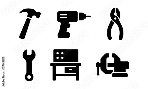 Set of black tool icons featuring hammer, drill, and wrench on white background