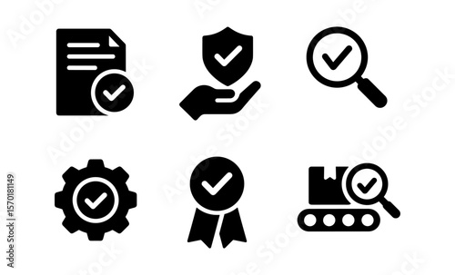 Quality assurance icons: checklist, shield, magnifying glass, gear, ribbon, package