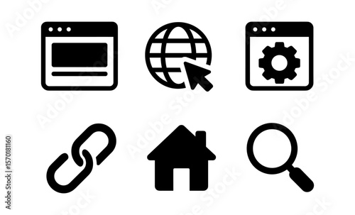 Web navigation icons set: browser, globe, gear, link, home, magnifying glass