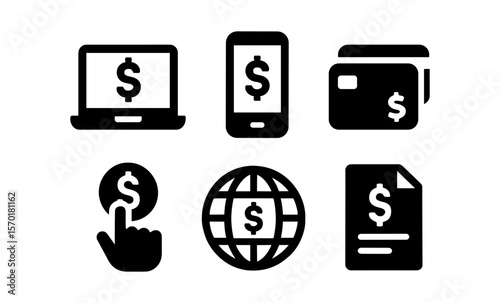 Digital payment icons: laptop, smartphone, credit card, finance document, online money symbols