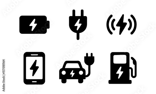 Electric vehicle charging and energy icons: battery, plug, and wireless symbols for eco-friendly technology design
