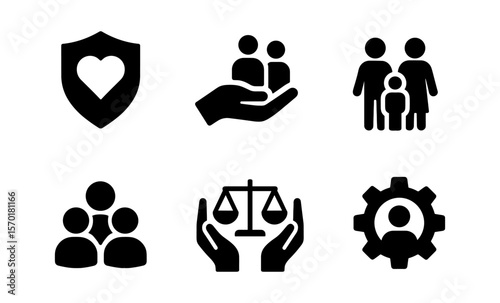 Family and community icons: heart, people, care, balance, gear symbols for social connection