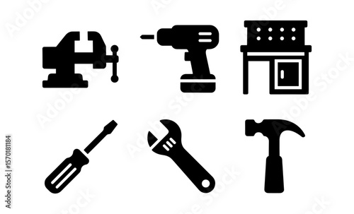 Black silhouette toolkit: hammer, drill, wrench, screwdriver, bench, vice icons