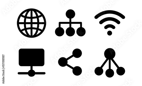 Digital communication icons: network, sharing, and internet symbols