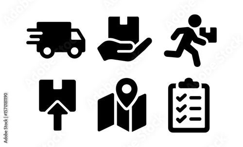 Delivery icons set: parcel, logistics, fast shipping, courier, tracking symbols