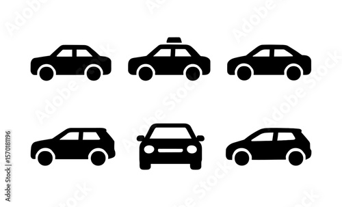 Set of six black car silhouettes featuring various models and styles