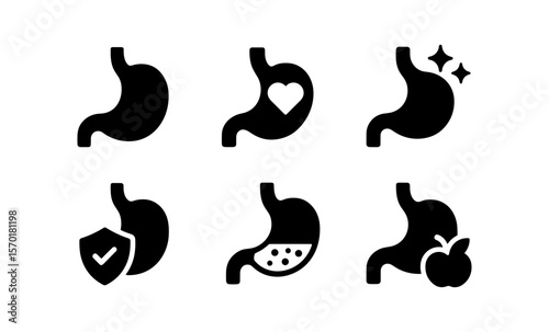 Stomach health icons set: wellness, nutrition, and digestive care symbols