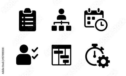 Business and project management icons: checklist, hierarchy, calendar, profile, timeline, stopwatch