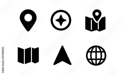 Minimalist navigation icons: location, map, globe, compass, and arrow