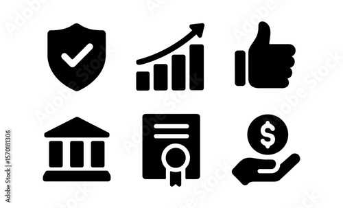 Black icons collection: security, growth, approval, authority, certification, financial symbol