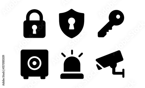 Security icons set: lock, shield, key, safe, alarm, camera for digital protection
