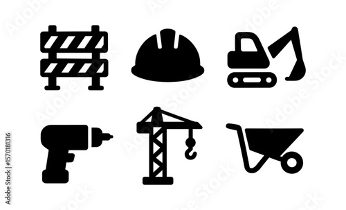 Construction icon set featuring helmet, barrier, excavator, trowel, crane, and wheelbarrow