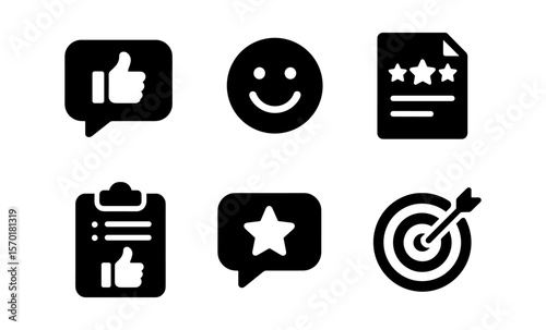 Icons for feedback and evaluation: thumbs up, ratings, smiley, target