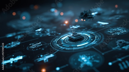 Futuristic military command interface with glowing digital icons of missiles, drones, radar, and armored vehicles on a dark tech background