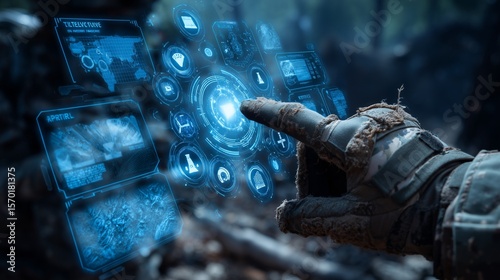Soldier’s hand operating a holographic touchscreen showing military technology icons such as satellite surveillance, cyber defense, and tactical AI maps