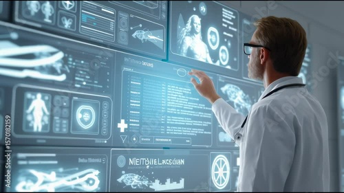 Business doctor analyzing a digital dashboard full of healthcare icons, such as electronic health records, medical charts, and wearable health trackers in a futuristic clinic