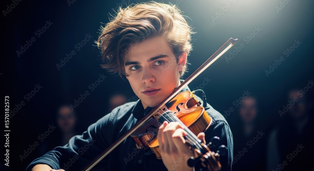 Fototapeta premium Young caucasian male violinist performing on stage with passionate expression