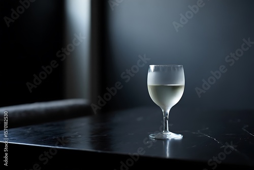 A glass of white wine on a black table