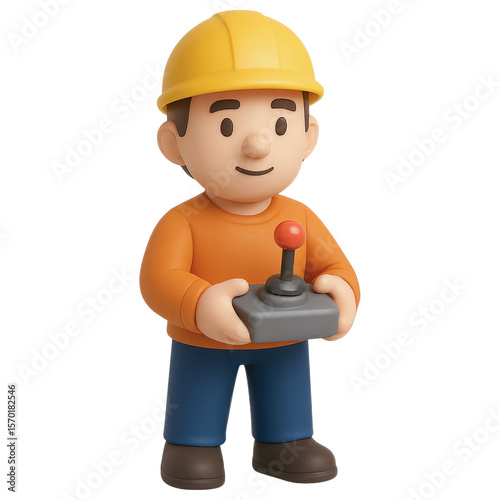 3D Cartoon Construction Worker with Hard Hat Holding Joystick Controller Representing Industrial Automation and Remote Operation