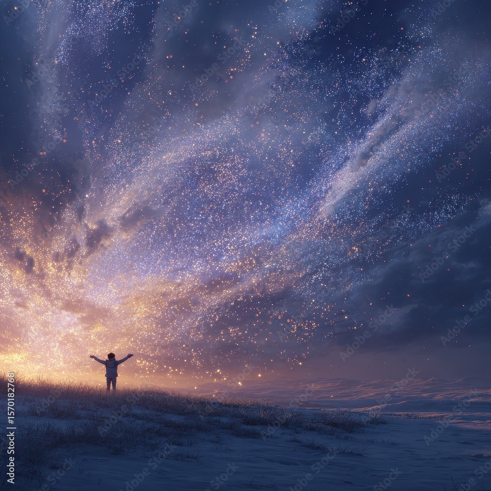 Fototapeta premium Person embracing starry skies in quiet snowy landscape. Serene scenery with cosmic wonder, symbolizing freedom and connection to nature.