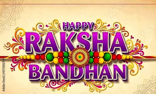 Happy Raksha Bandhan Greeting Card with Decorative Rakhi on Beige Floral Background Featuring Elegant Swirls and Traditional Indian Festive Elements