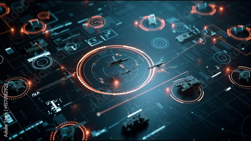 Futuristic military command interface with glowing digital icons of missiles, drones, radar, and armored vehicles on a dark tech background