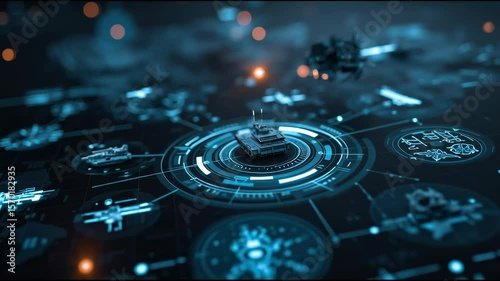 Futuristic military command interface with glowing digital icons of missiles, drones, radar, and armored vehicles on a dark tech background