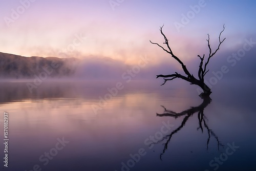 Lone tree reflected in misty lake water