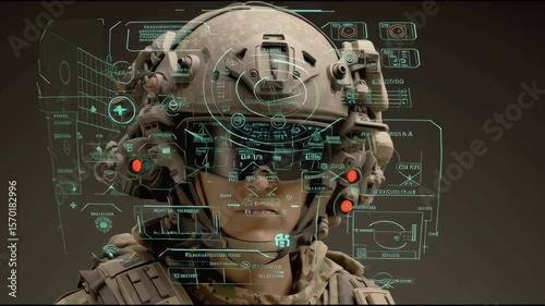 Futuristic military helmet heads-up display (HUD) showing icons of communication systems, thermal vision, targeting locks, and drone deployment