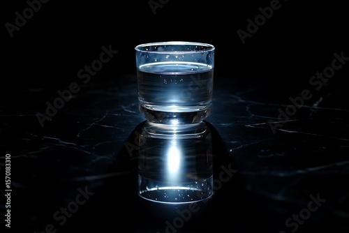 Glass of water on a reflective surface