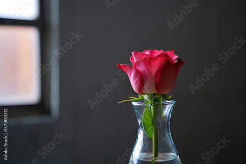 A rose in a vase near a window indoors
