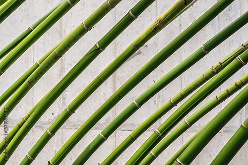 Green bamboo stalks against white wall