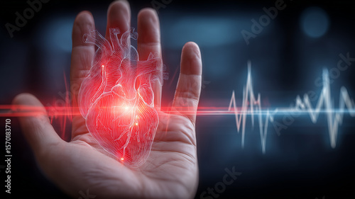 Cardiac Health Monitoring Concept with Heart Hologram and ECG Line.
