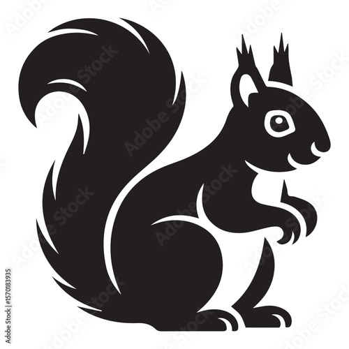 Stylized black silhouette of a cute squirrel with a bushy tail sitting upright and looking to the side on a white background