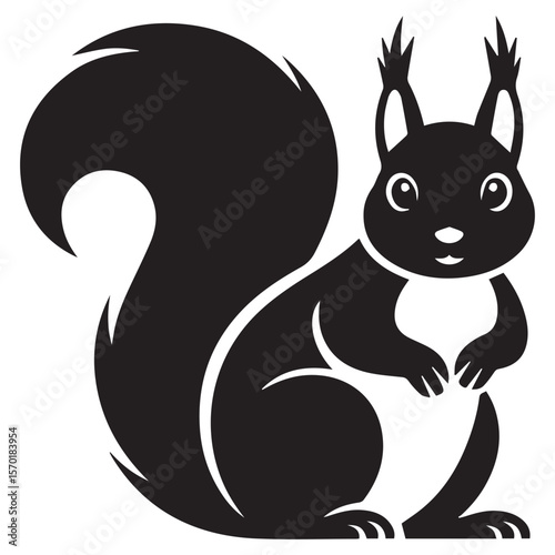 Stylized black silhouette of a cute squirrel with a large bushy tail and pointy ears sitting attentively on a white background isolated vector illustration