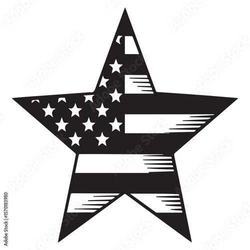 Stylized black and white graphic of a five pointed star incorporating the american flag design with stars and stripes