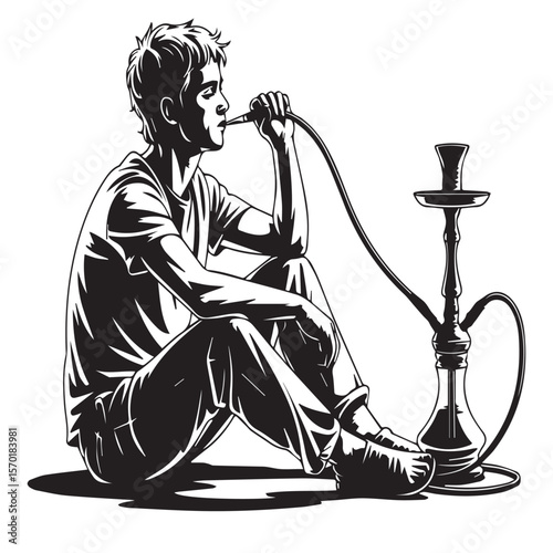 Stylized black and white illustration of a young man sitting on the floor enjoying a hookah pipe with smoke emanating from the mouthpiece isolated on a white background