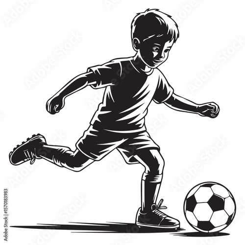 A young boy in silhouette style is shown kicking a soccer ball with his right foot captured in a dynamic action pose against a white background