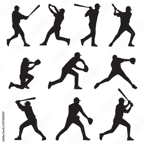 Collection of nine black silhouette figures of baseball players in various action poses including batting pitching catching and running on a white background